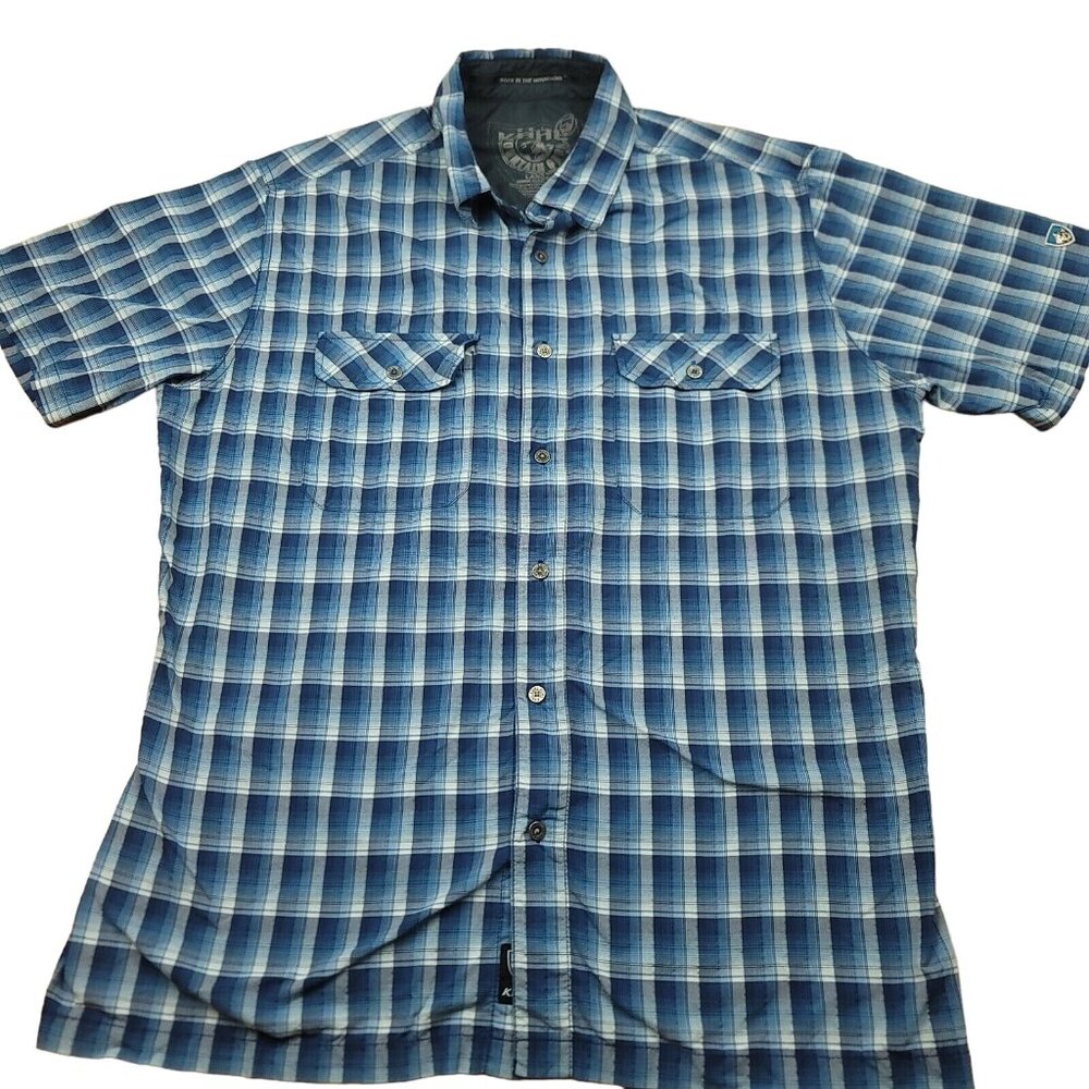 Kuhl Mens L Shirt Short Sleeve Blue Eluxur Pearl Snap‎ Plaid Hike Camp Trail